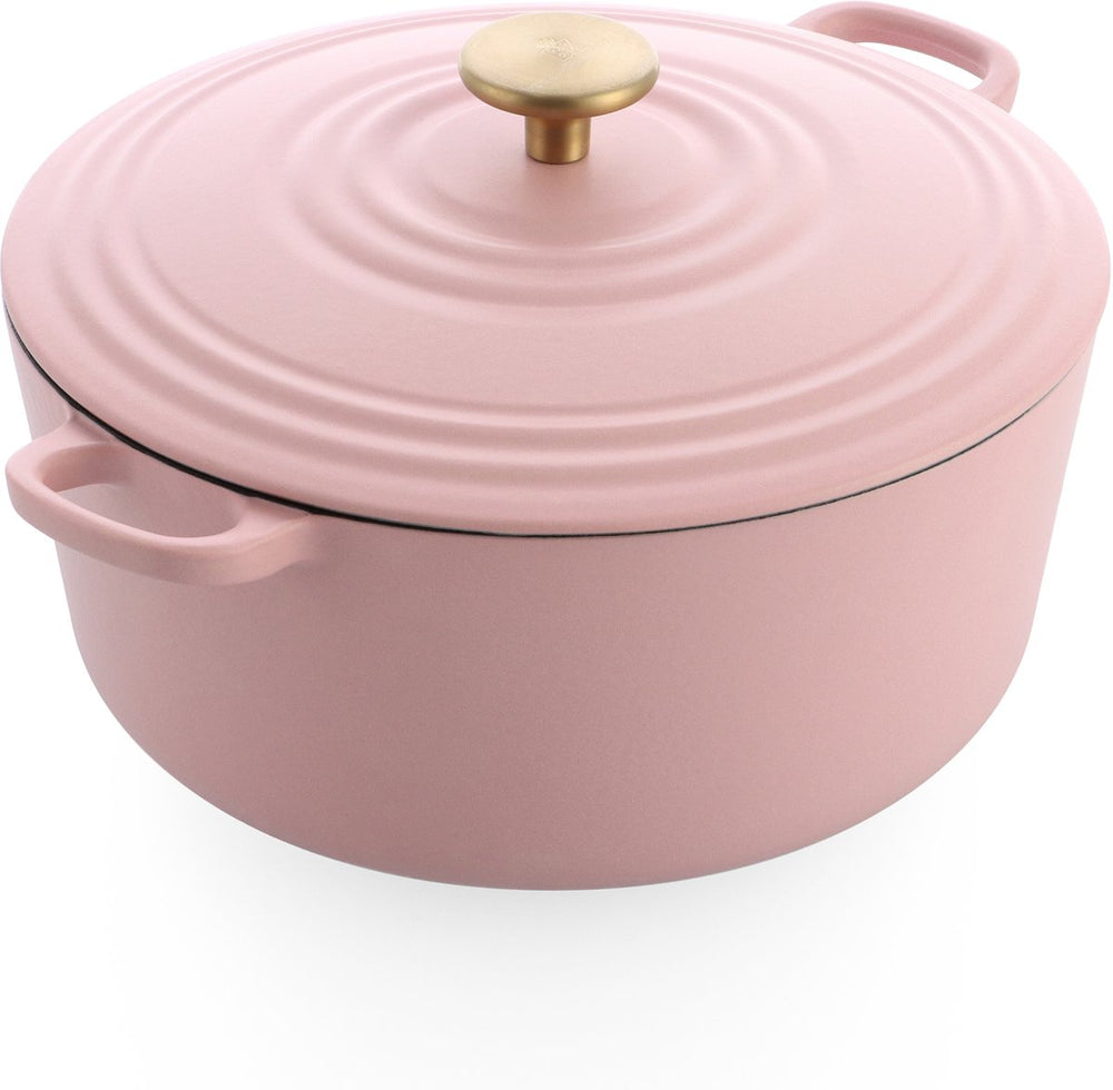 Bk bourgogne braadpan gietijzer 28cm 6.7l - inductie braadpan - gietijzeren braadpan - ovenbestendig tot 230 graden - deksel met druipringen - wit geëmailleerde binnenkant - blush pink