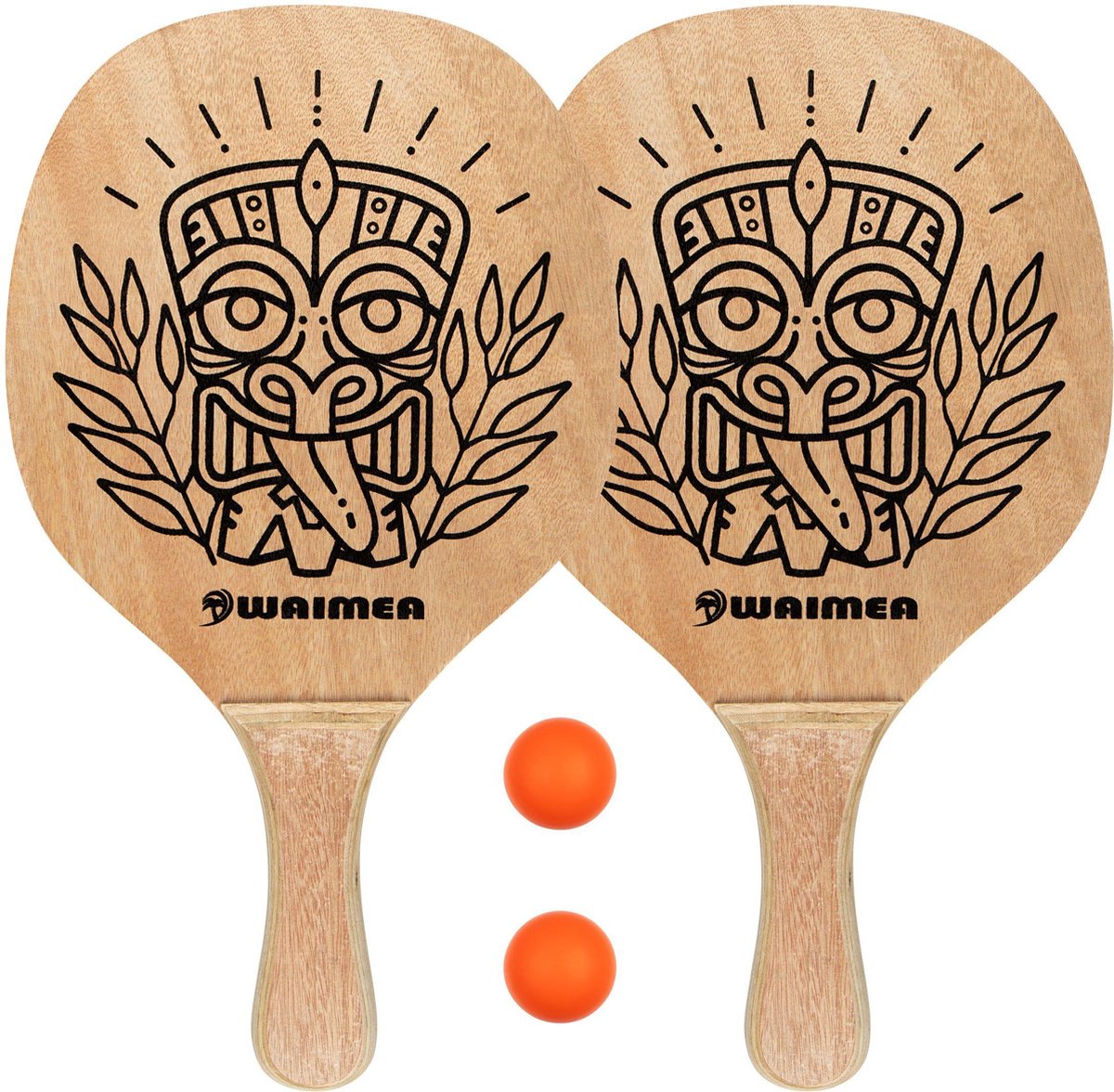Waimea beach peddelbal set met houten grip - blank zwart fluororanje