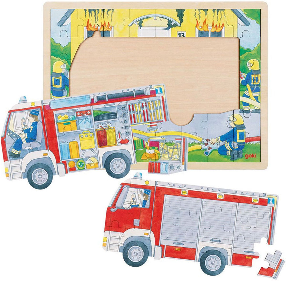 Goki puzzel: brandweer aan het werk 40x30x1cm, 59-delig, met 2 lagen, hout, 3+