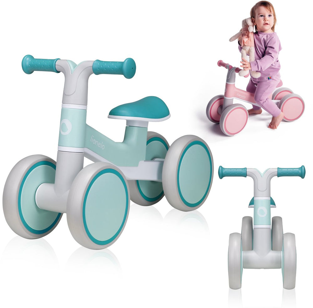 Lionelo villy loopfiets - lichtgewicht - 1-3 jaar - jongens en meisjes - tot 30kg - 4 wielen - schokdemper voorvork - antislip handvatten - ergonomisch zadel - stuurslot - verjaardagscadeau