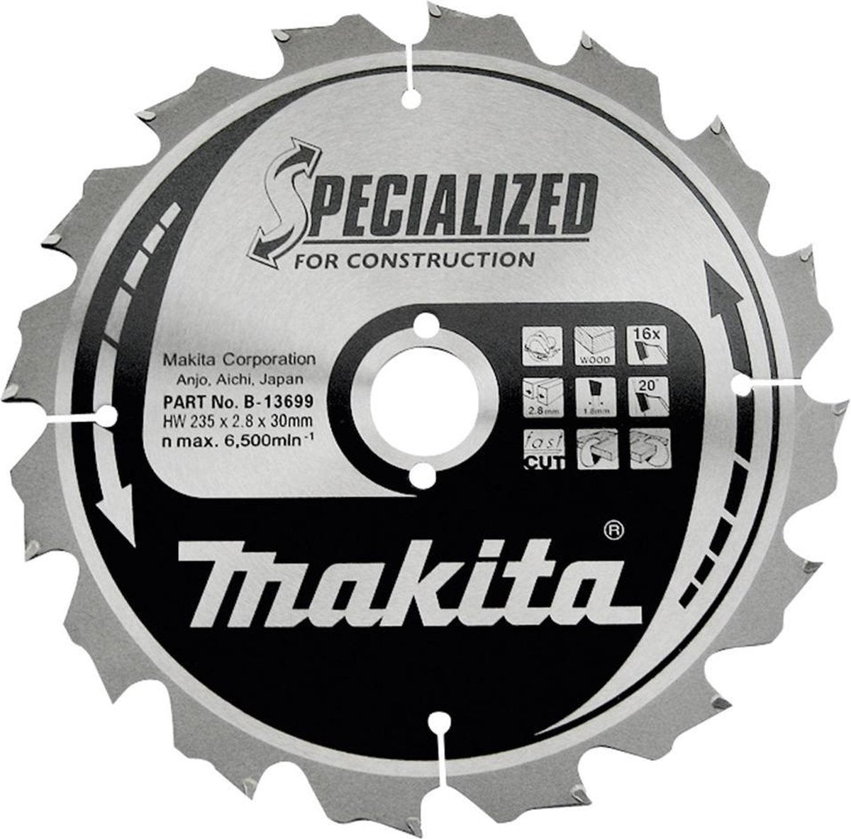 Makita cirkelzaagblad voor hout | specialized | ø 235mm asgat 30mm 16t - b-13699