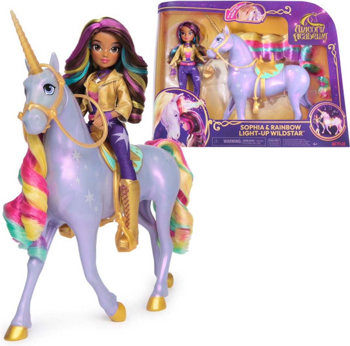 Unicorn academy - sophia regenboog lichtmagie wildstar - modepop met interactieve eenhoorn met licht geluid en muziek
