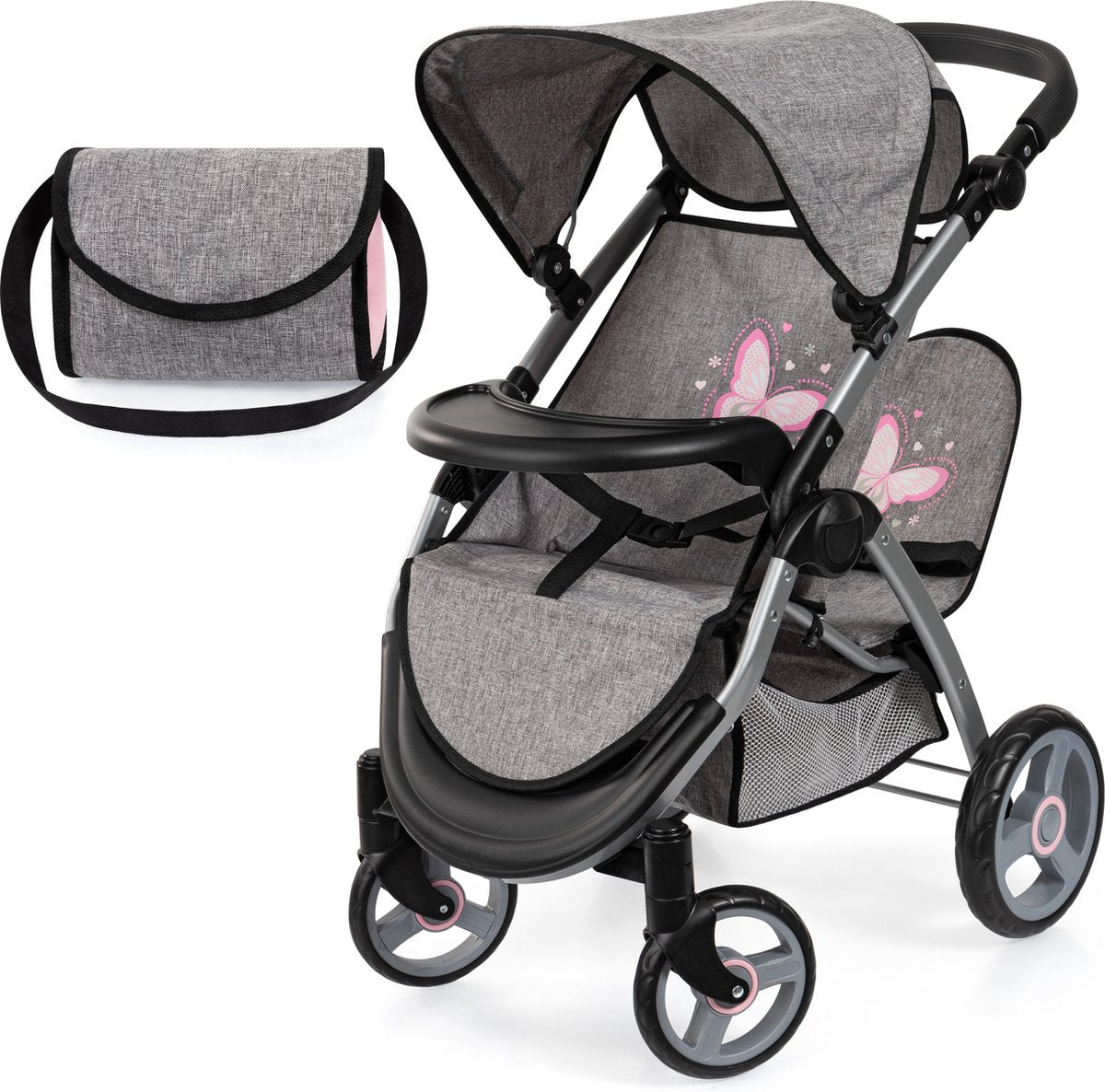 Bayer design tweeling poppenwagen twin xeo, dubbele poppenwagen, verstelbare duwstang, tas in jeans-grijs, roze