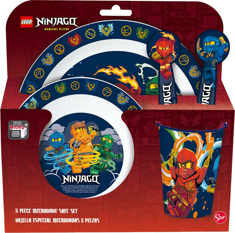 Stor lego ninjago kinderservies - 5-delig - herbruikbaar - inclusief bord, kom, bestek en beker - vaatwasser- en microgolfbestendig bpa-vrij - wit donkerblauw