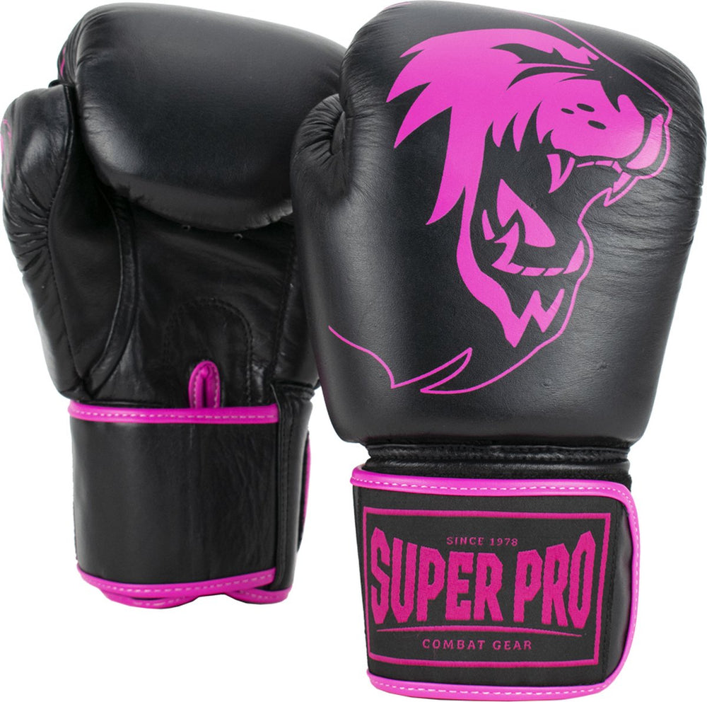 Super pro combat gear warrior lederen (kick)bokshandschoenen zwart roze 14oz
