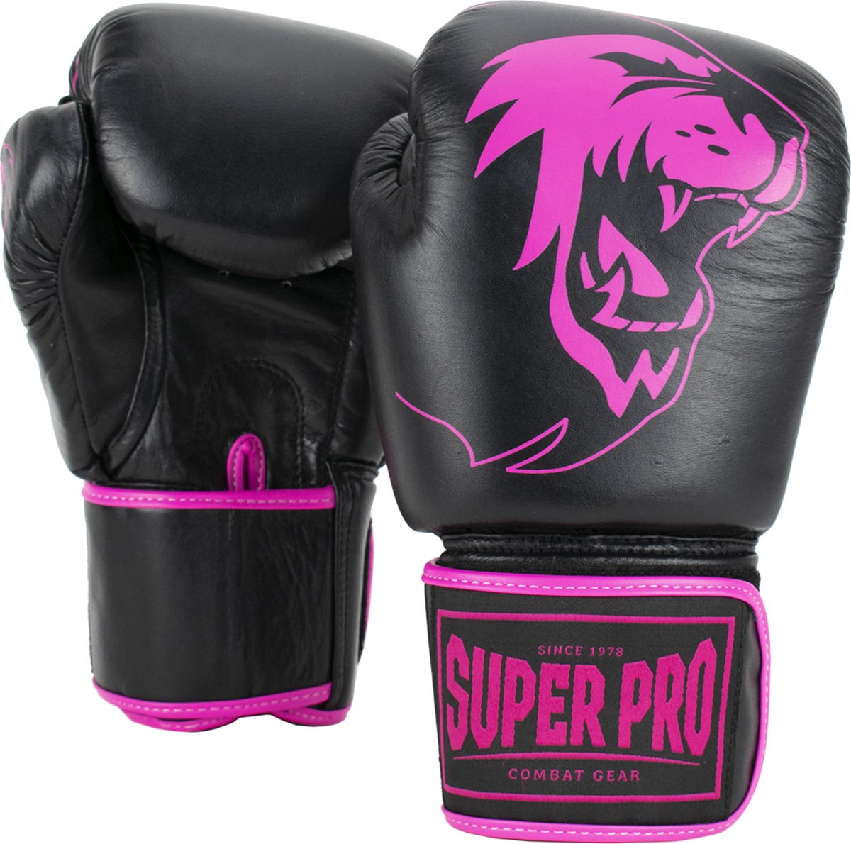 Super pro combat gear warrior lederen (kick)bokshandschoenen zwart roze 14oz