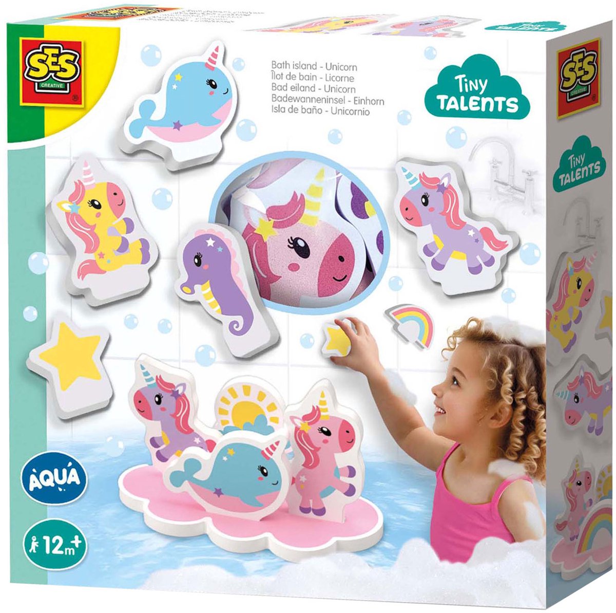 Ses creative - tiny talents - eenhoorn bad eiland - foam eenhoorns - drijvend badspeelgoed - stimuleert fantasie - creatief spelen - baby badspeelgoed - eenhoorn speelgoed