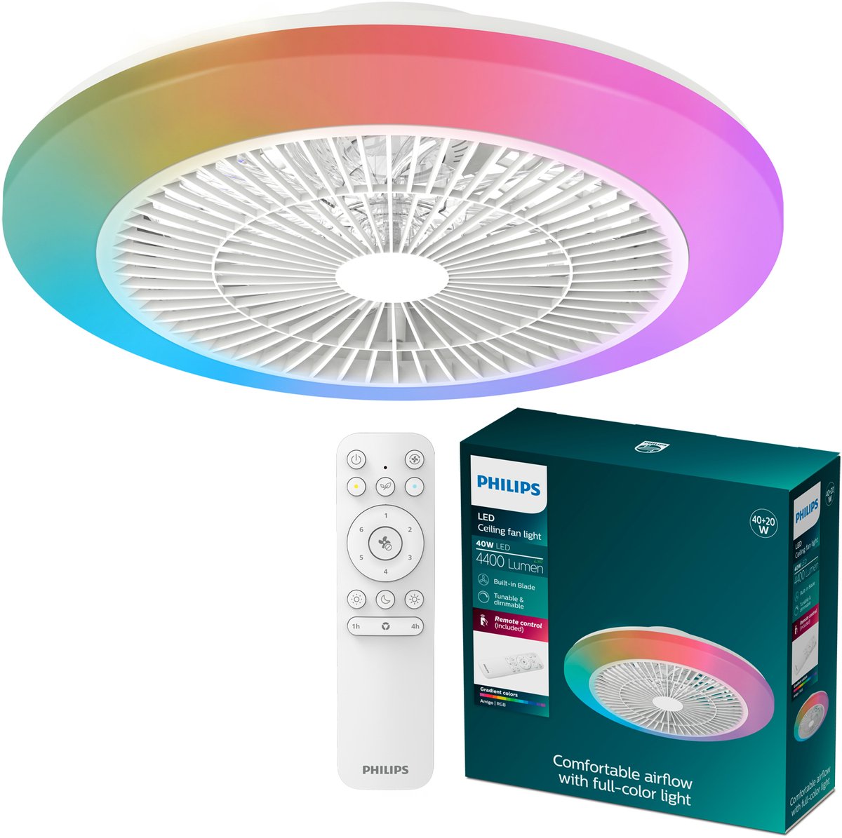 Philips led philips amigo plafondventilator - ingebouwde led-lamp - wit en gekleurd licht - dimbaar - 20w+40w - inclusief afstandsbediening - 4400 lumen - diameter: 480mm