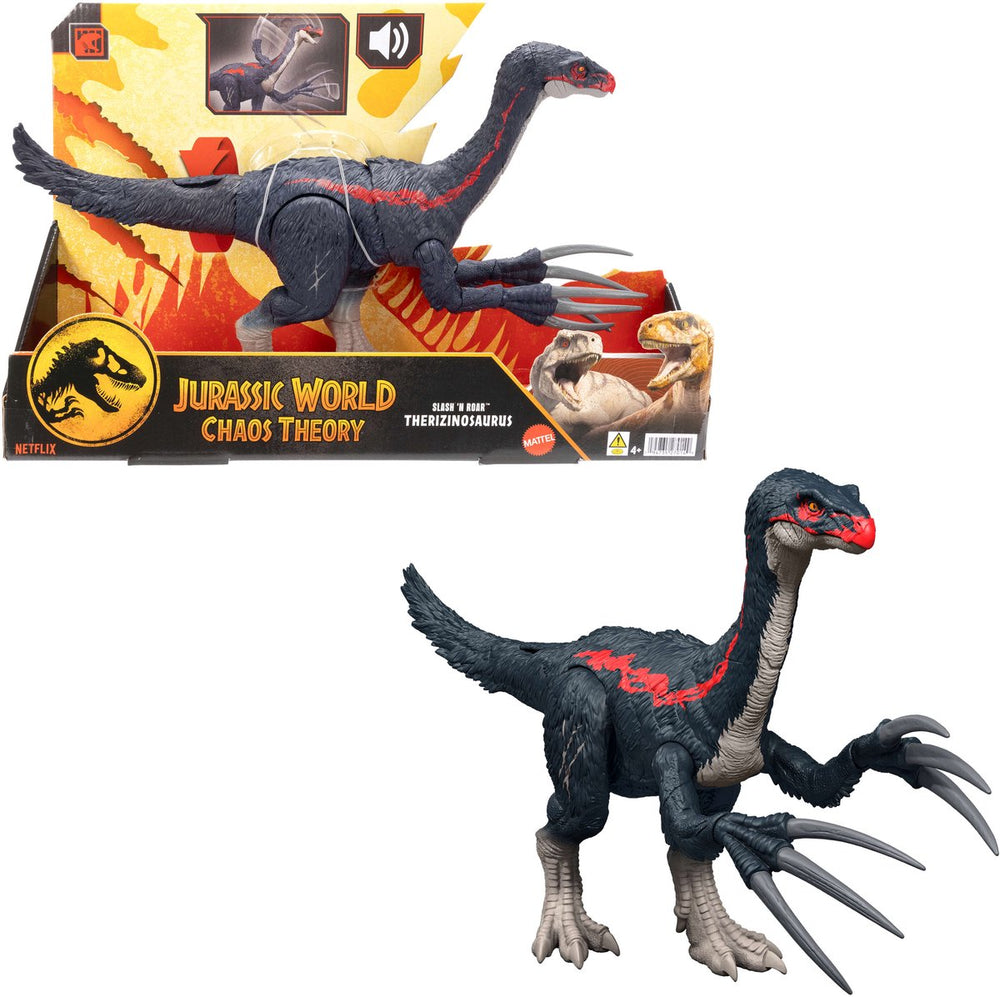Mattel jurassic world sla en brul therizinosaurus - met aanvalsfunctie en geluiden - chaos theory