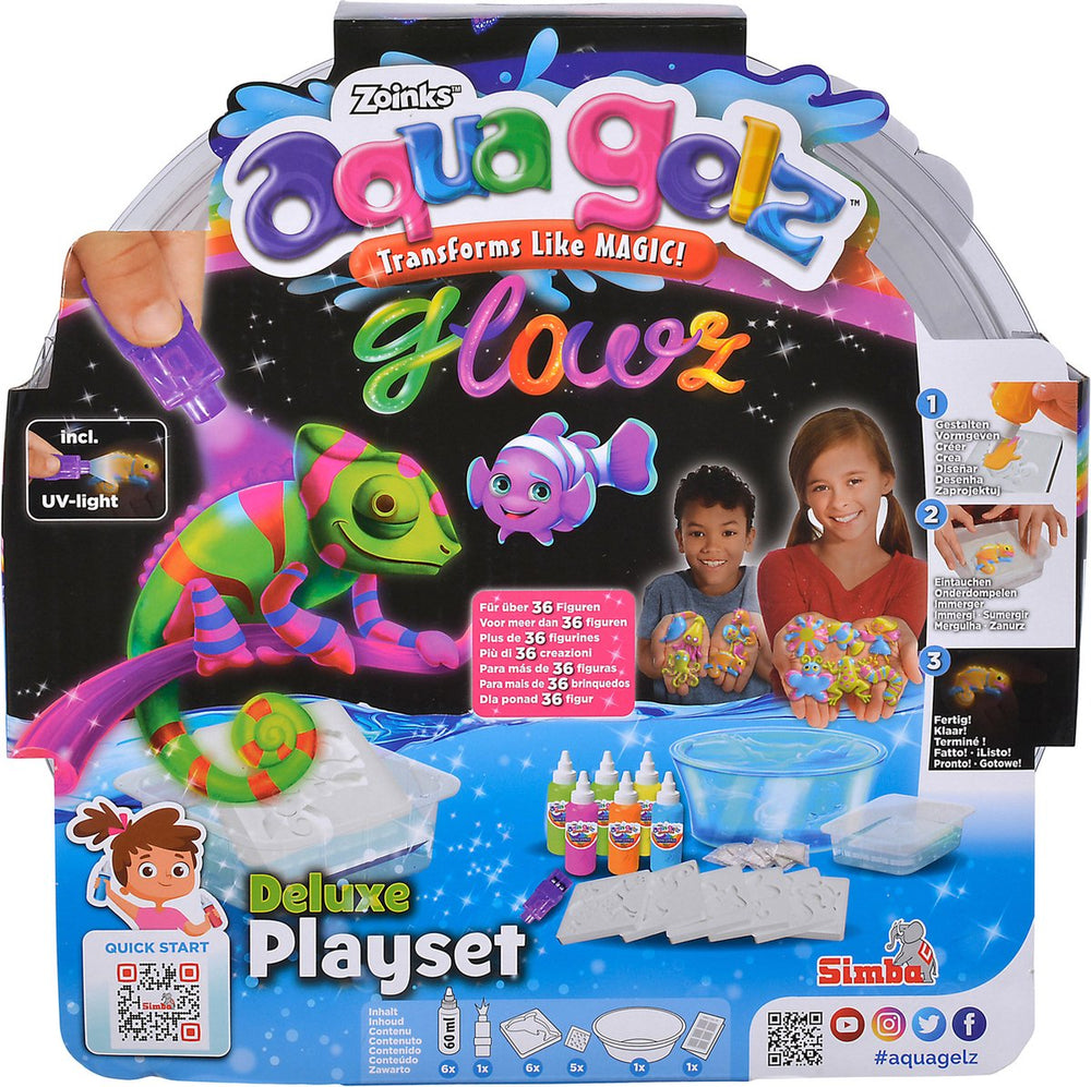 Simba - aqua gelz - deluxe set glowz - 6 flesjes kleurgel, met glow in the dark effect, met zaklamp, 6 mallen, 5 wateradditief, kom - hobbypakket