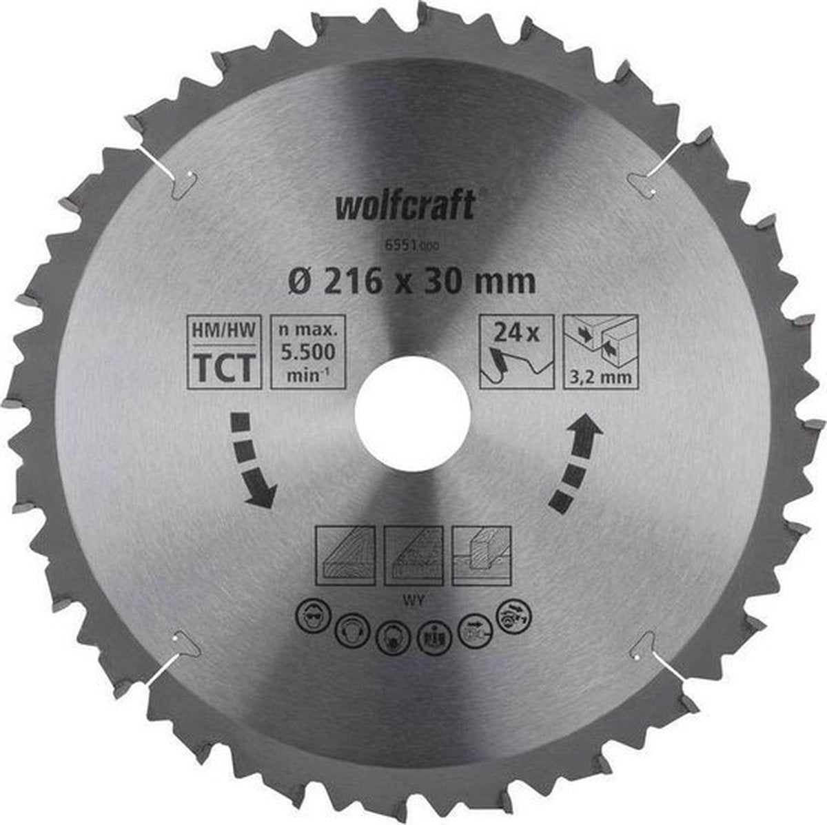 Wolfcraft - cirkelzaagblad 216x30 mm afkortzaag - 24 tanden - geschikt voor afkortzagen tafelzagen - 6551000