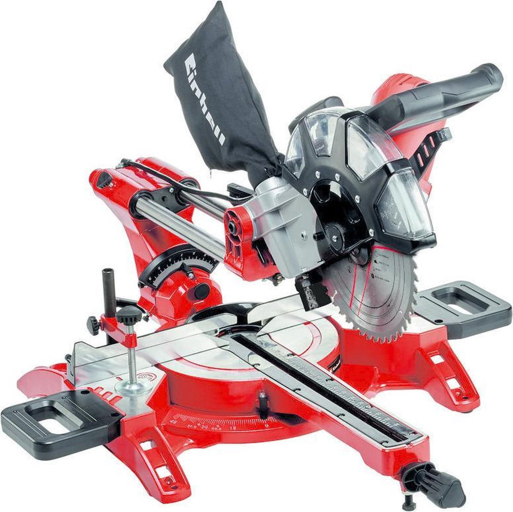 Einhell elektrische radiaal afkort- verstekzaag tc-sm 2534 1 dual - 2350 w - ø250 mm - geïntegreerd glijsysteem - zaagkop kantelbaar naar links en rechts - incl. 48 tands zaagblad