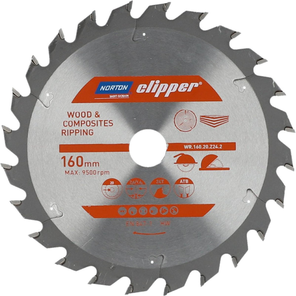 Norton clipper hout en composiet - zaagblad atb ripping - 160mm - 24 tanden - voor cirkelzagen en afkortzagen