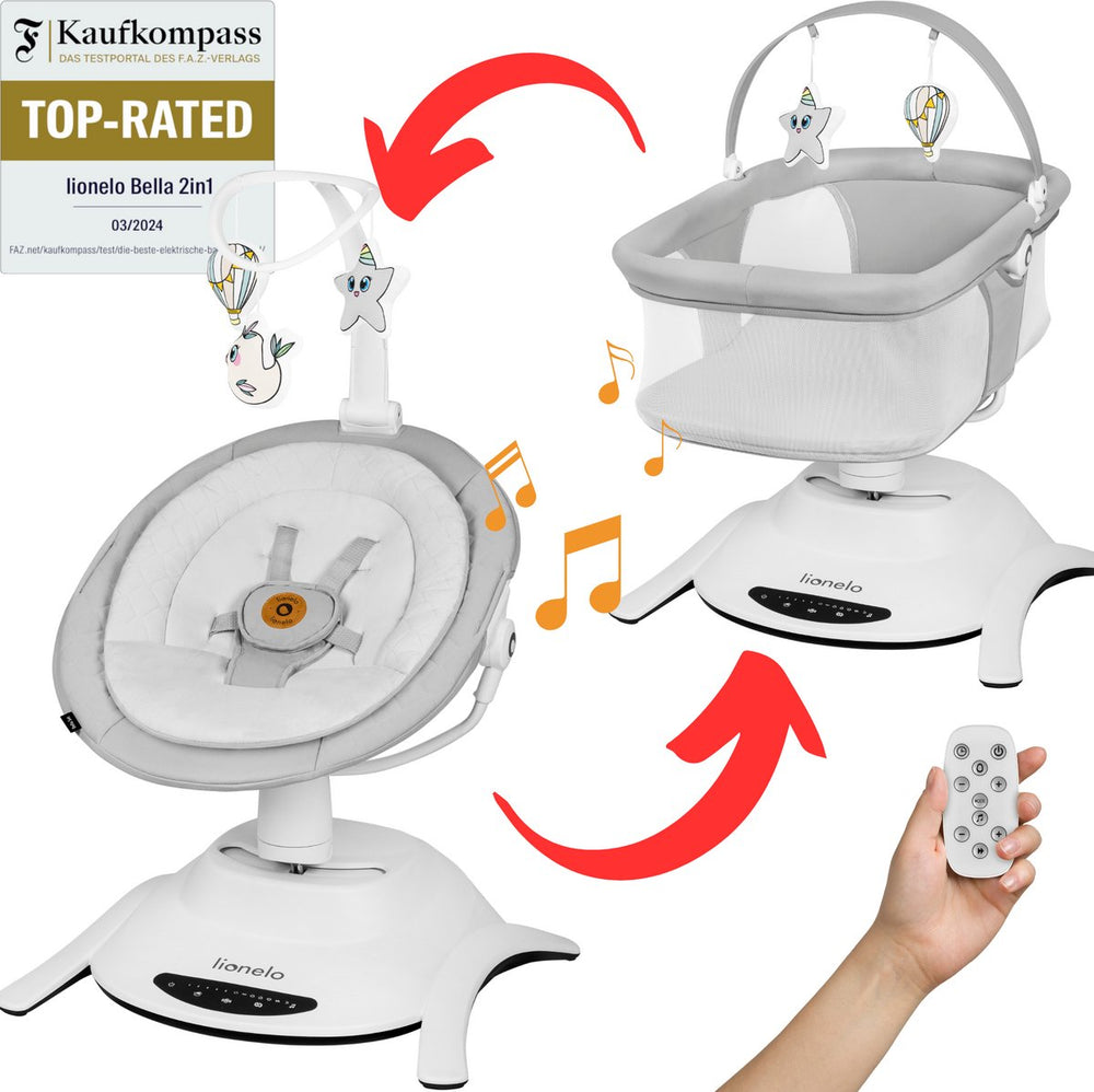 Lionelo bella set 2in1 – wipstoel reiswieg – 360° draaibare zitting – elektrische 6 schommelstanden – 5 snelheden – rugleuning 3 posities – bewegingssensor – nachtmodus – 12 melodieën – bamboe kussen – afstandsbediening – wasbare hoezen – tot 9 kg