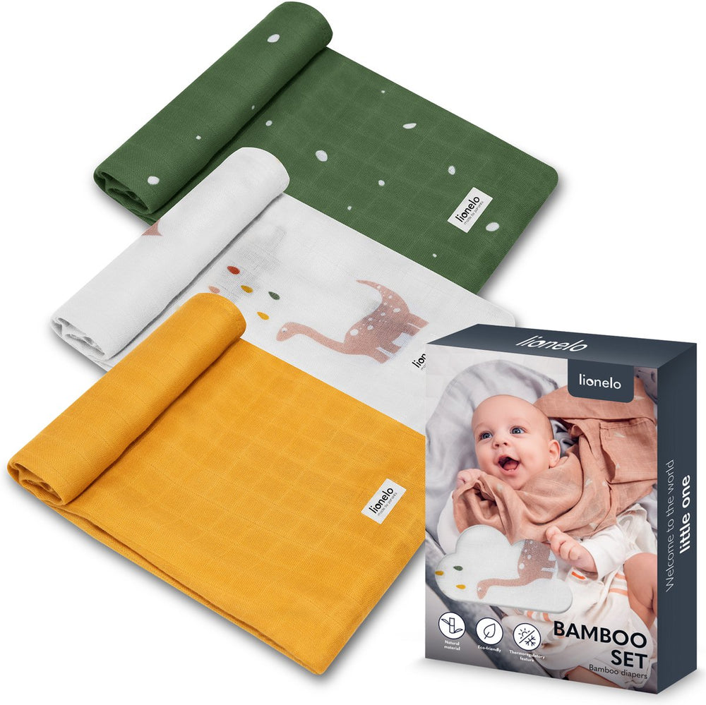 Lionelo bamboo set - 100% bamboe katoen luiers - set van 3 stuks - 70 x 70 cm - hypoallergeen - antibacterieel - thermoregulerend - ademend zacht - veelkleurig - wasbaar - vanaf geboorte