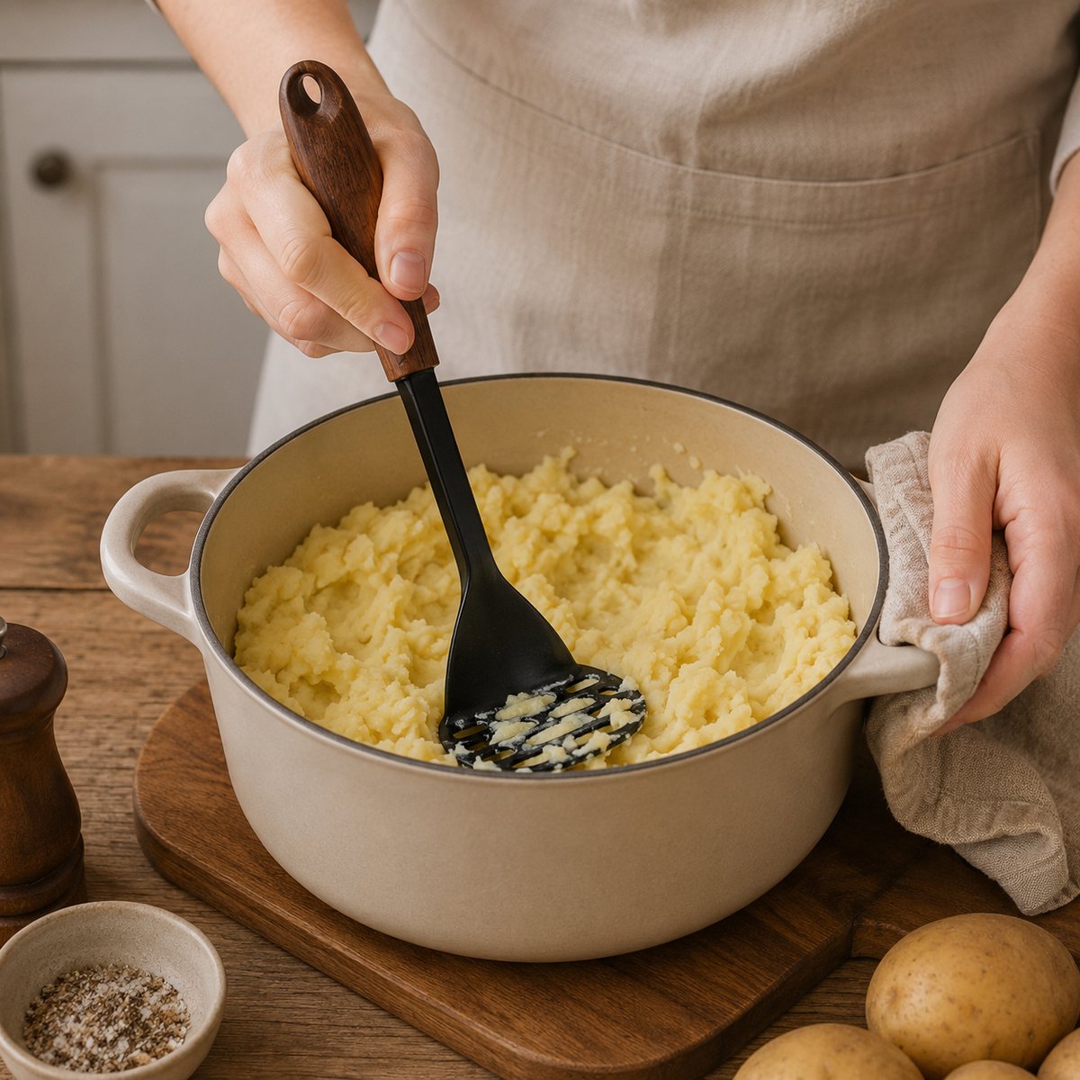 Alpina pureestamper rvs – aardappelstamper met houten handvat – 26,5 cm – stamper voor aardappelen en groenten
