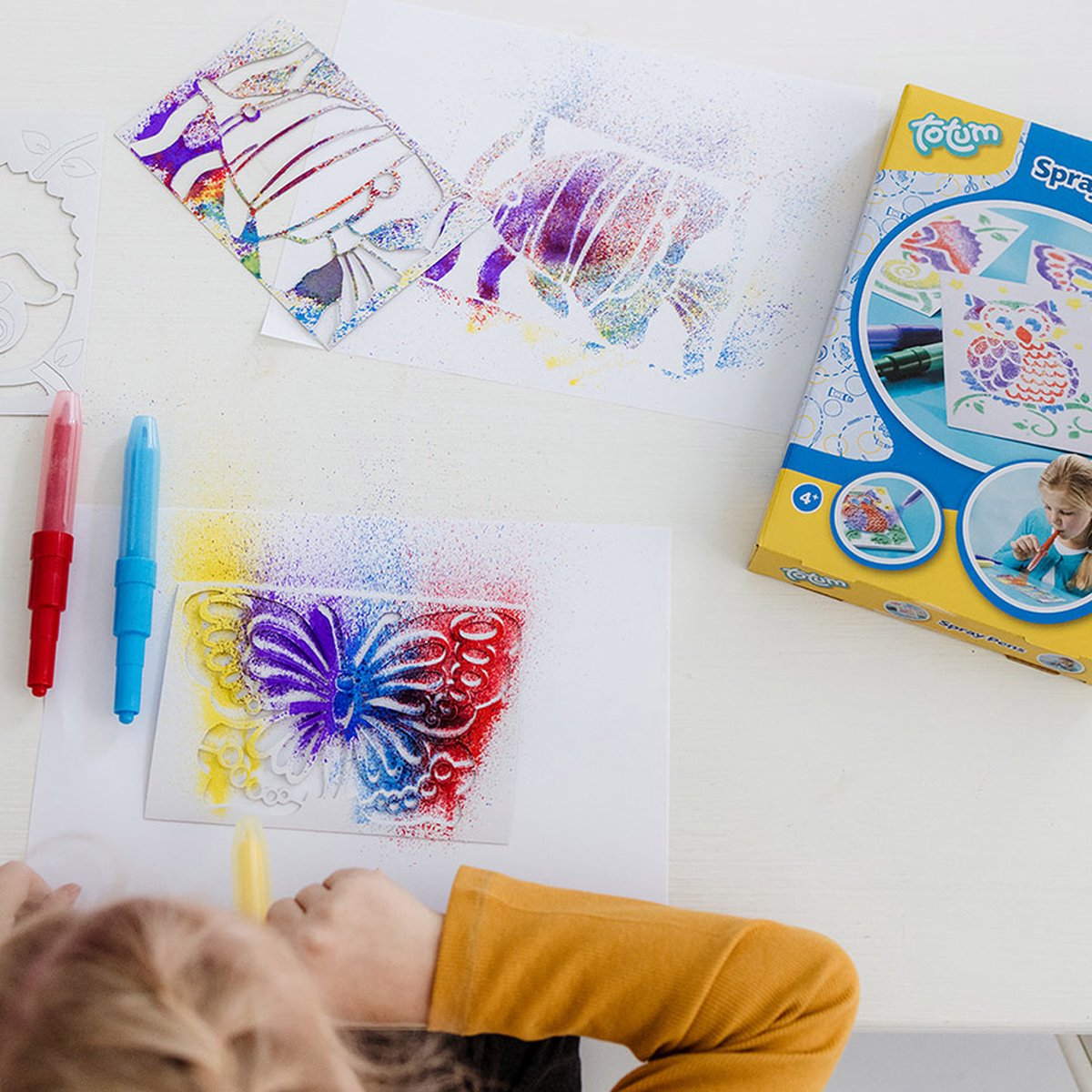 Totum spraypens 5 blaaspennen knutselset incl. unicorn en dieren sjablonen - creatief speelgoed vanaf 4 jaar - knutselen tekenen en schilderen cadeau tip