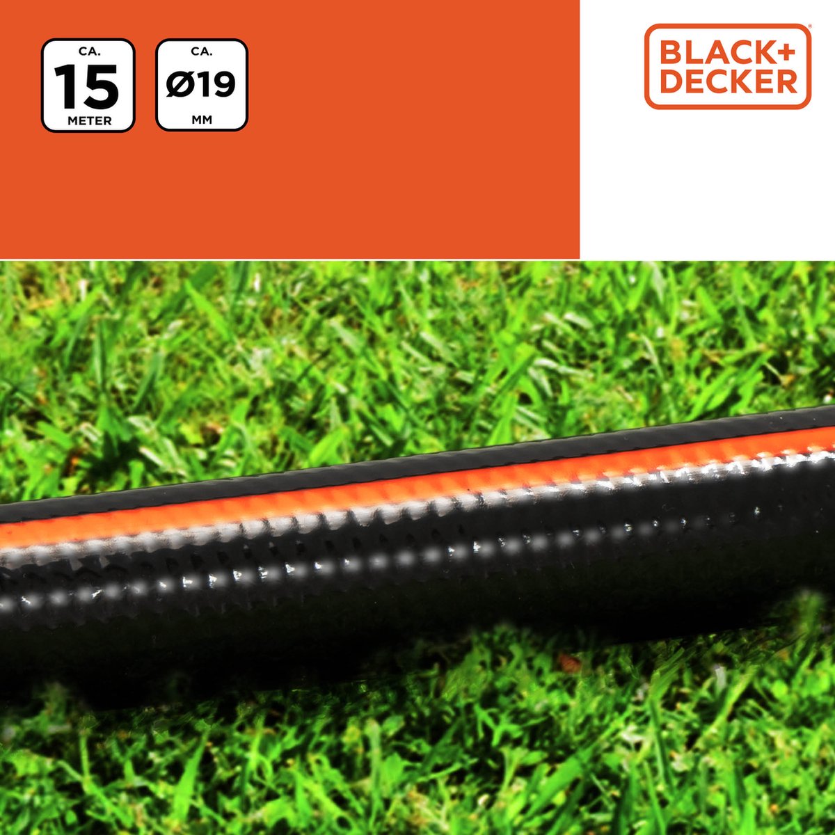 Black+decker tuinslang 15 meter - 19mm - duurzaam pvc - tuin besproeien, auto wassen, zwembad vullen - past op elke standaard kraan - zwart oranje