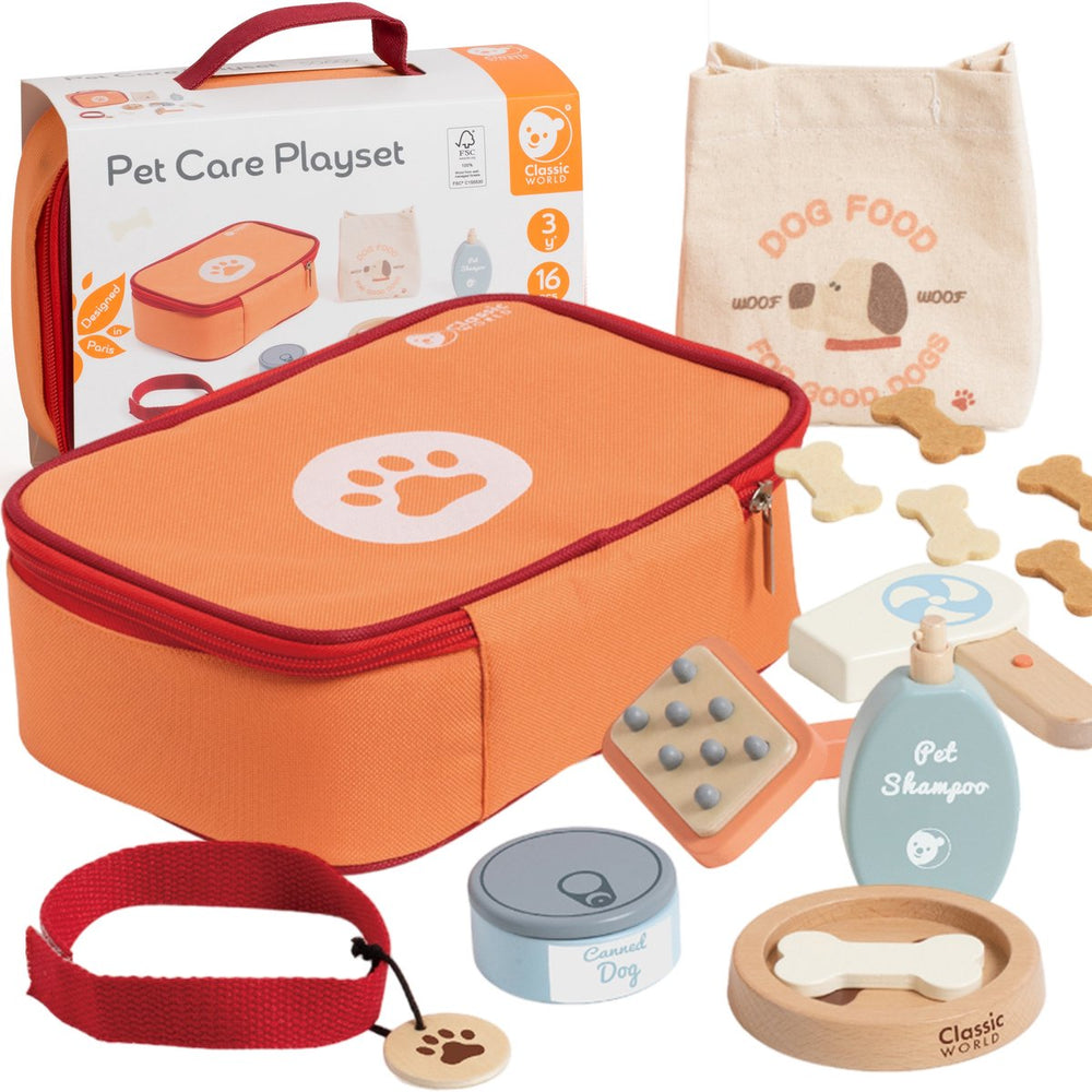 Classic world houten dieren verzorging speelset in tas, 16dlg.