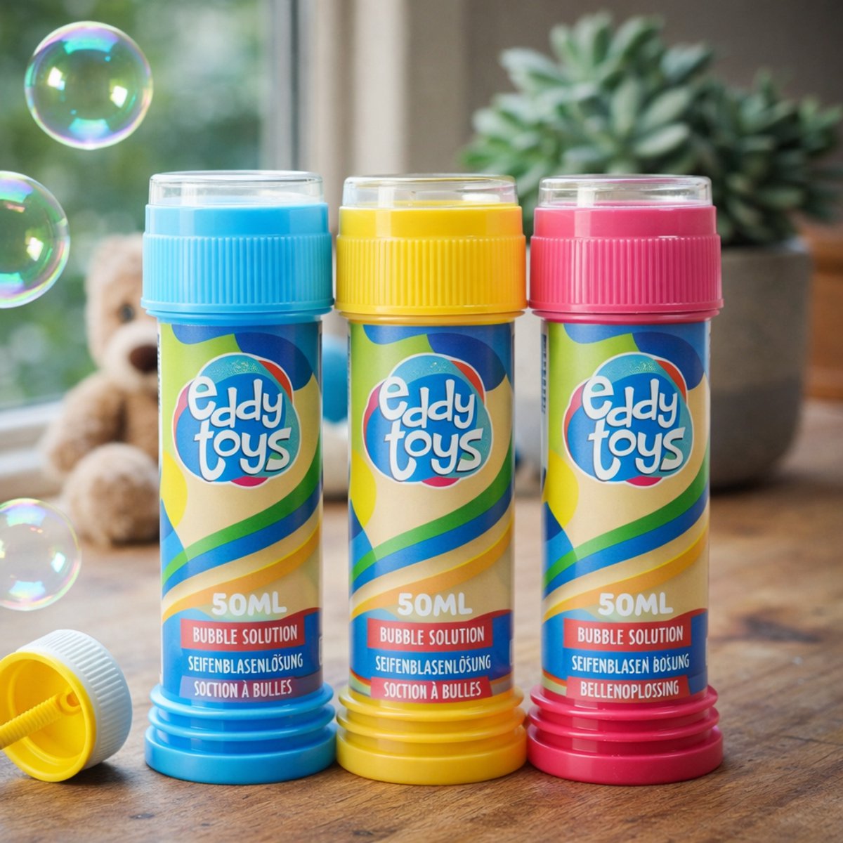 Eddy toys bellenblaas set 3 stuks - bellenblaas met vloeistof voor kinderen - bubble wand with solution in diverse kleuren - 50ml per stuk