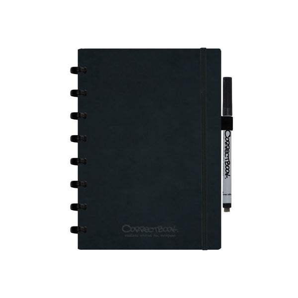 Correctbook a5 uitwisbaar notitieboek – ink black kunstleer hardcover – gelinieerd – herbruikbaar schrift – inclusief pen wisdoekje – aanvulbaar met extra pagina’s