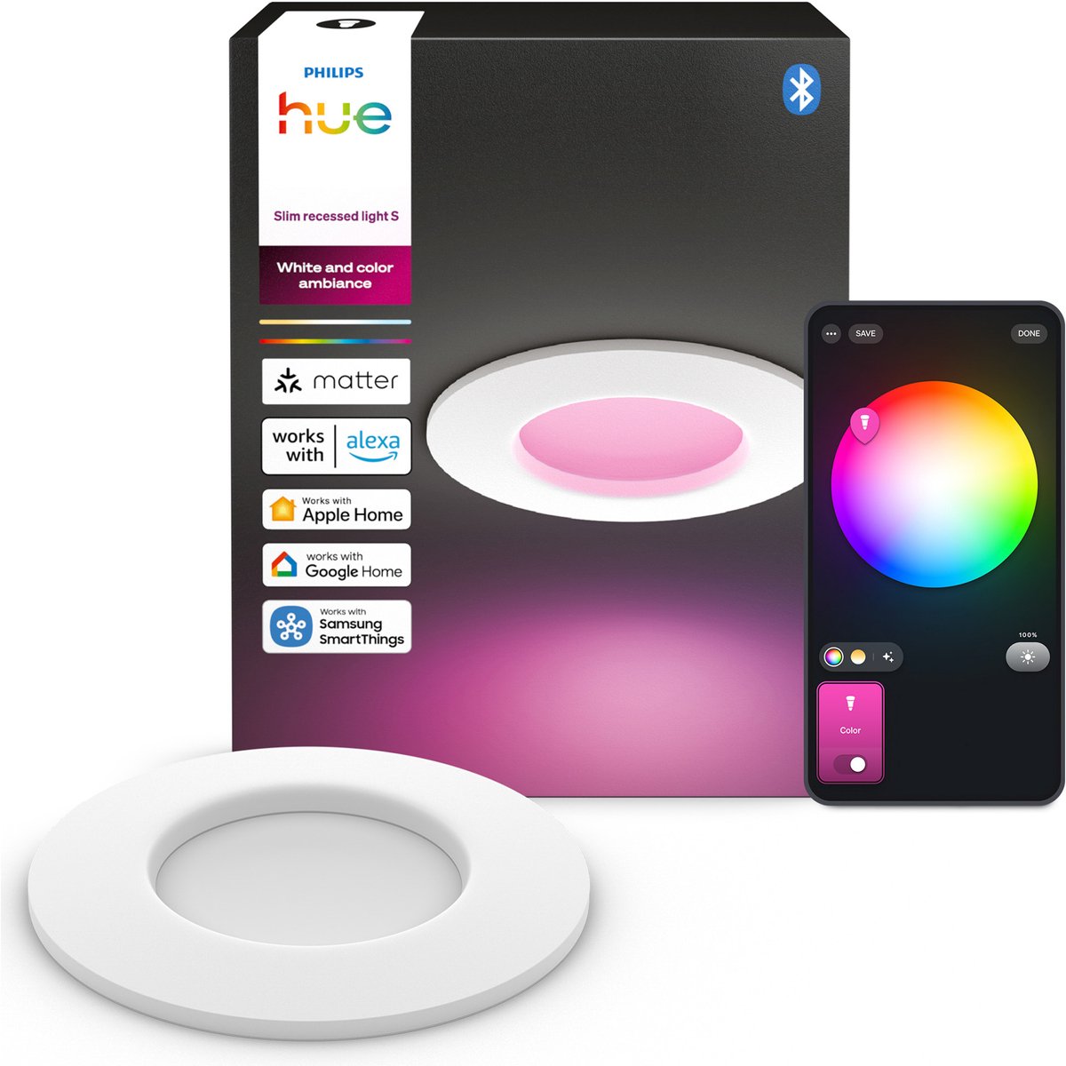 Philips hue dunne led inbouwspot - badkamerverlichting - gu10 fitting - bevat 1 inbouwspot - aanpasbaar wit en gekleurd licht - wit - ip44: spatwaterdicht - ø: 90mm - slimme verlichting