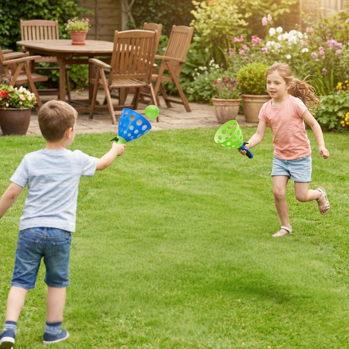 Eddy toys shoot catch ball set 2x - schiet- en vangspel met 2 lanceerders en 2 ballen - actief buitenspeelgoed voor kinderen - blauw en groen