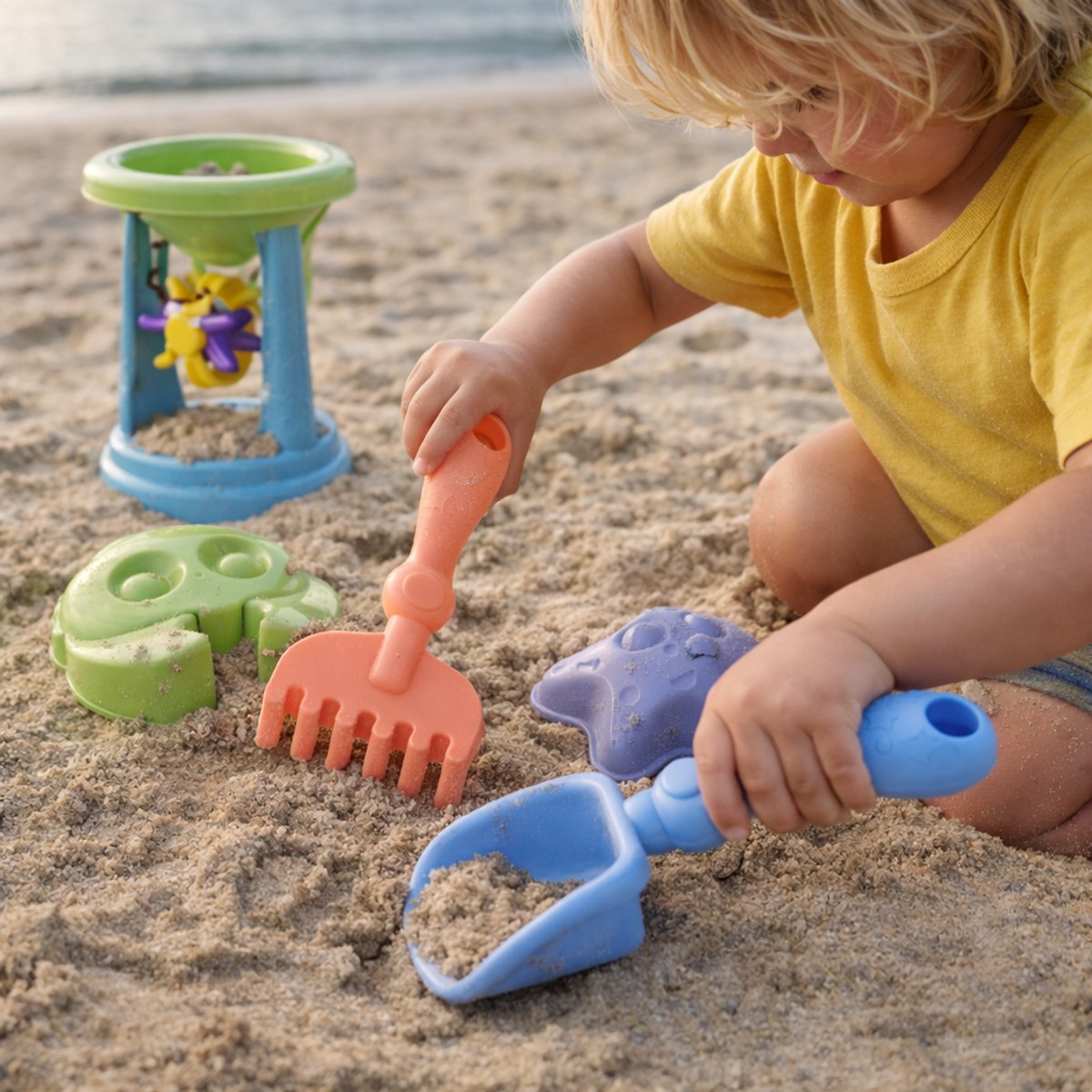 Eddy toys strandset kinderen 4-delig - zandset speelgoed met schep en hark - zandvormpjes set voor zandkasteel speelgoed - kinder strand speelgoed voor zomer en zandbak