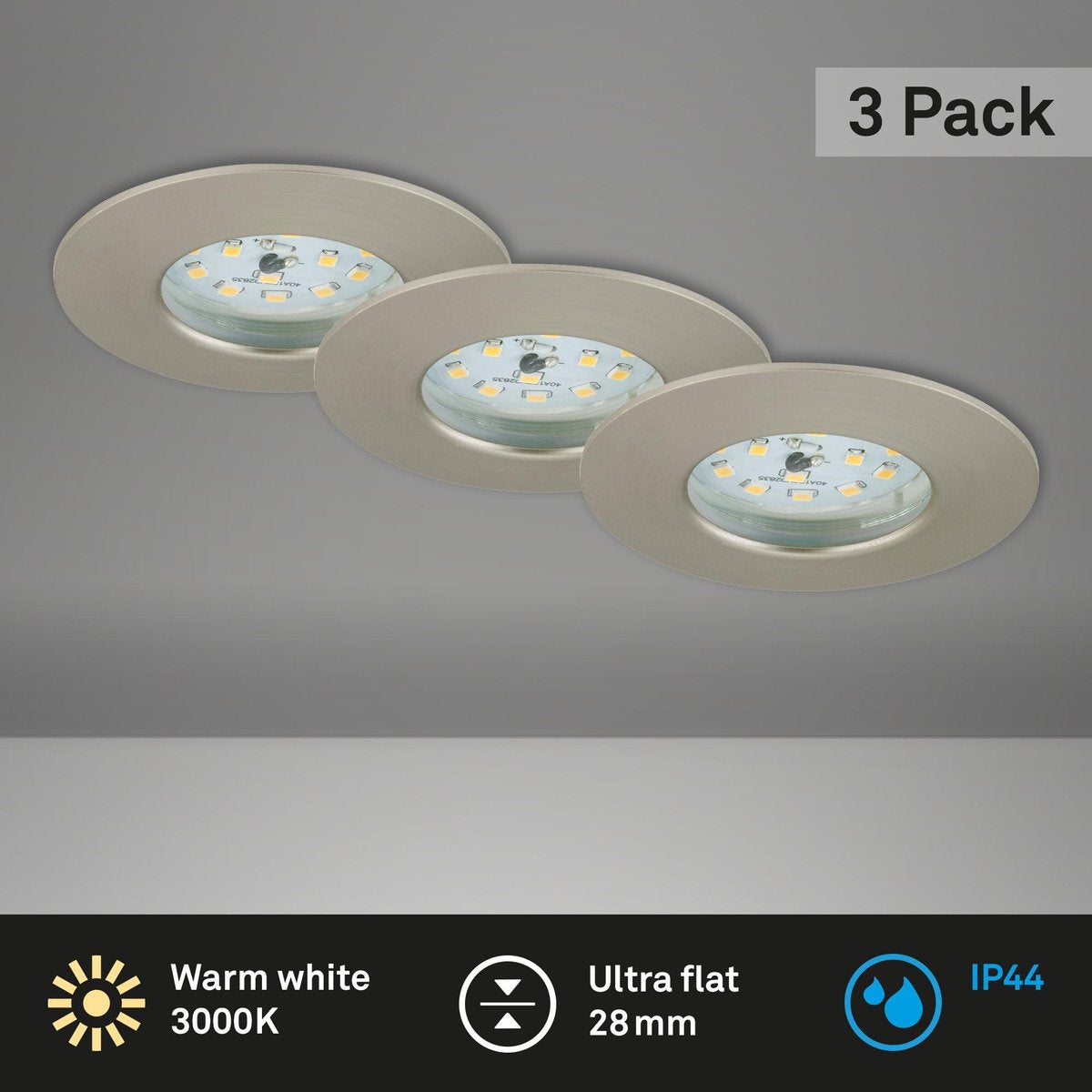 Briloner attach one - inbouwspots set van 3 - ip44 (badkamer) - 3 x led 5w 400lm - lichtkleur: warm wit - inbouwdiepte: 30mm - inbouwmaat: 60mm - product: ø75mm - mat nikkel