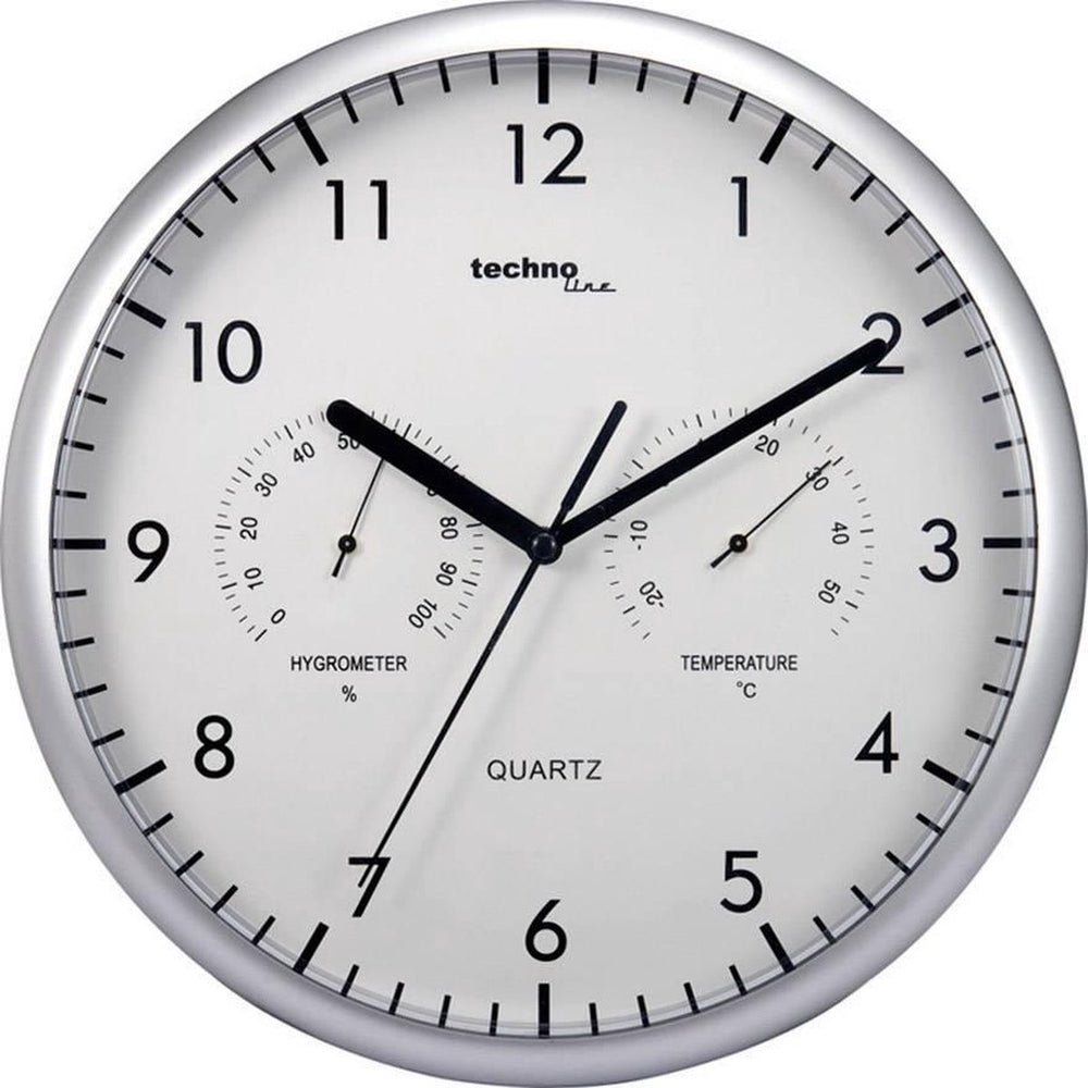 Technoline wt650 - wandklok - analoog - quartz - rond - kunststof - binnentemperatuur - binnenluchtvochtigheid - zilverkleurig