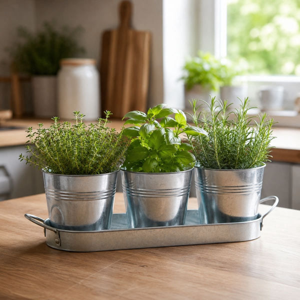 Kinzo bloempot set met 3 metalen bloempotten - zinken bloempot met plantenpot met tray - kruidenpotjes voor bloempot binnen - ca. 34 x 10,5 cm