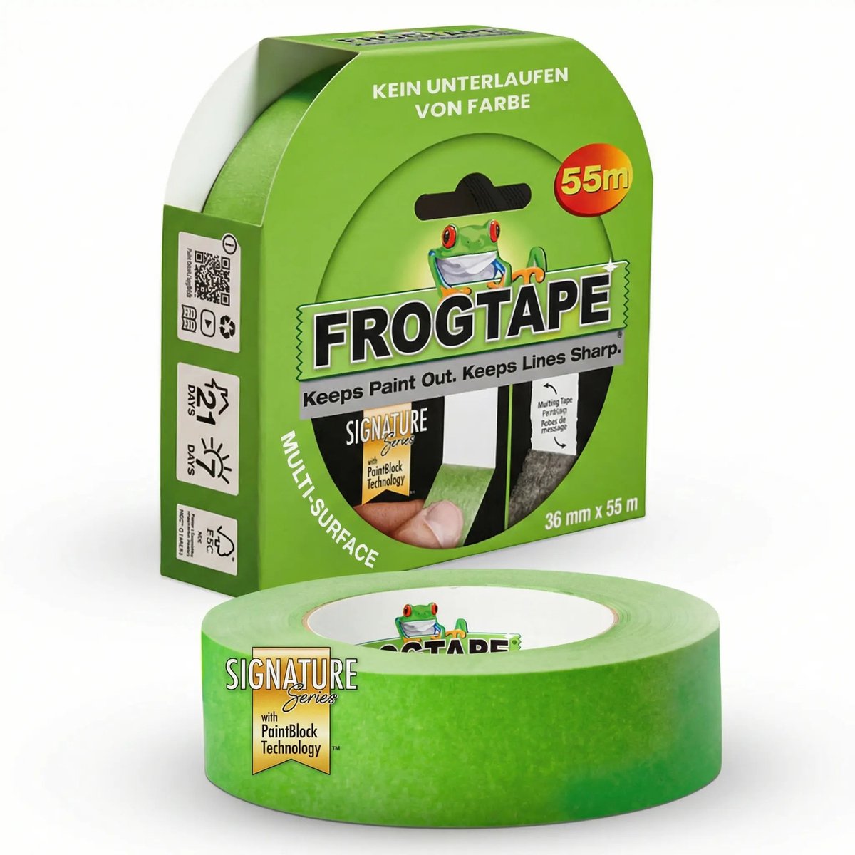 Kip frogtape multi-surface - fijncrêpe schilderstape afplaktape - 36 mm x 55 m met paintblock technologie voor extra scherpe verfranden - universeel gebruik op diverse ondergronden binnen en buiten - schoon te verwijderen en voor watergedragen verf