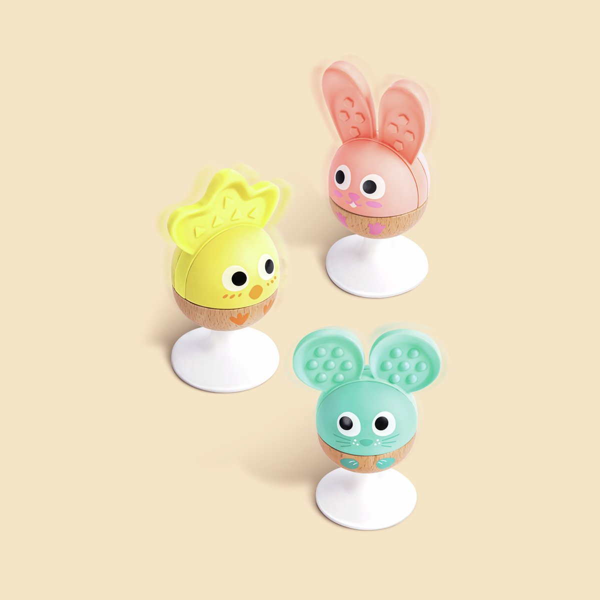 Hape rammelaar en bijtring set – 3 houten babyspeelgoed rammelaars muis, konijn en kuiken vanaf 0 maanden