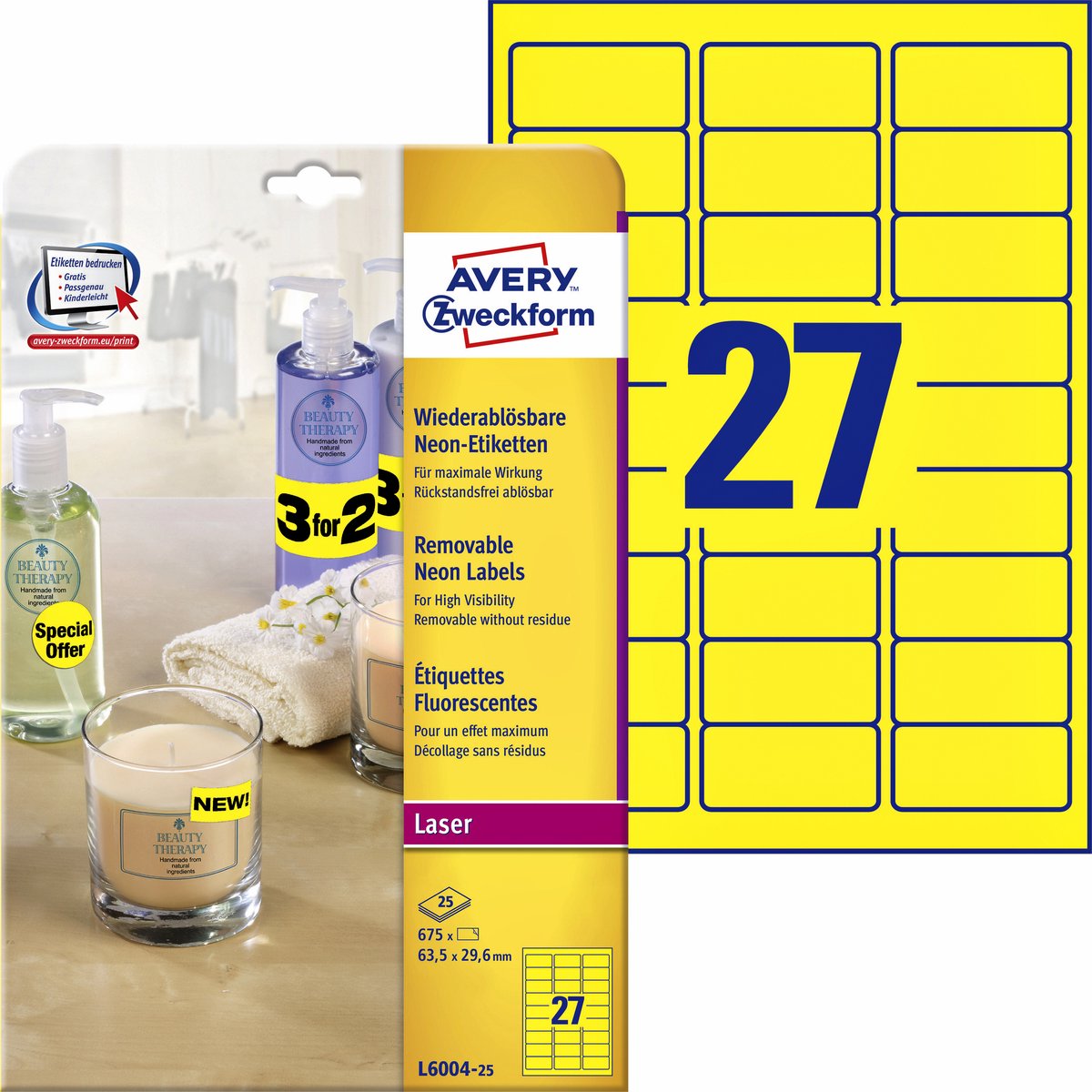 Merkloos sans marque avery afneembare neon etiketten formaat 635 x 296 mm (b x h) doos van 20 blad 540 stuks geel