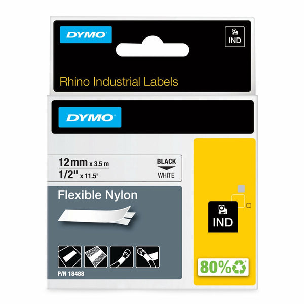 Dymo rhino industriële flexibele nylon labels | 12 mm x 3,5 m | zwarte afdruk op wit | zelfklevende labels voor rhino labelmanager labelprinters