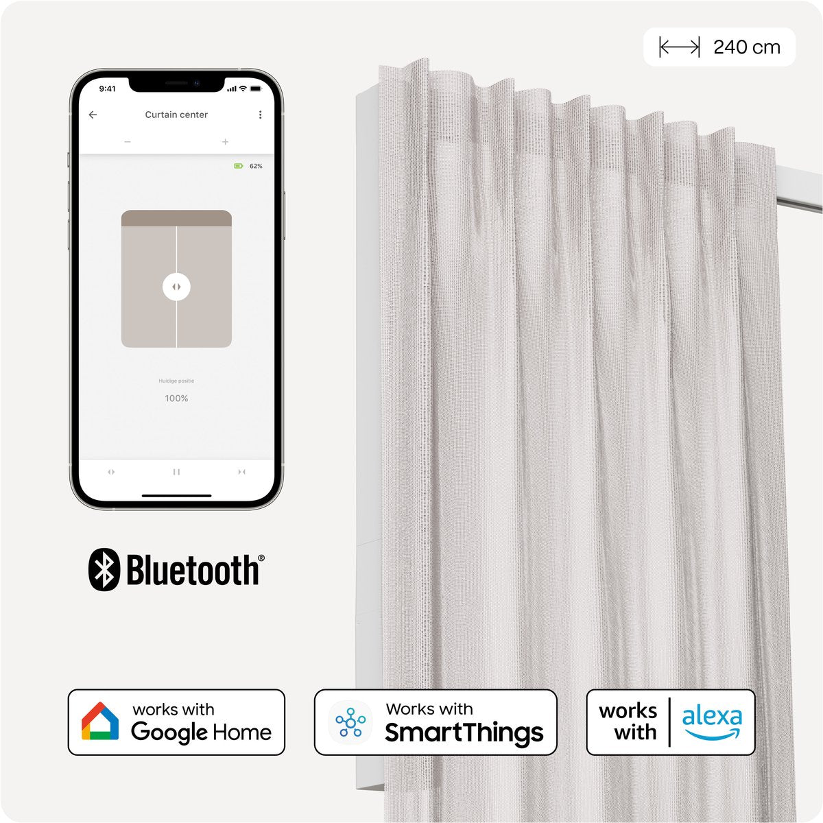 Motionblinds slimme gordijnrail – smart gordijn – bluetooth, draadloos app-bediening pull-start functie – usb-c oplaadbaar – pull-start functie – 240 cm