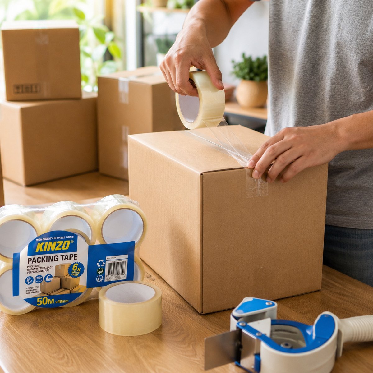 Kinzo verpakkingstape transparant – 6 rollen – 50 m x 48 mm – verpakking tape voor dozen en pakketten