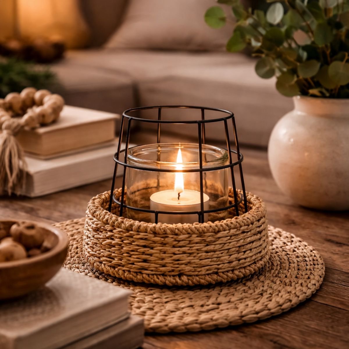 Arti casa kandelaar - windlicht met touw decoratie - kaarsenhouder voor binnen en buiten - 17 x 16,5 cm - naturel zwart