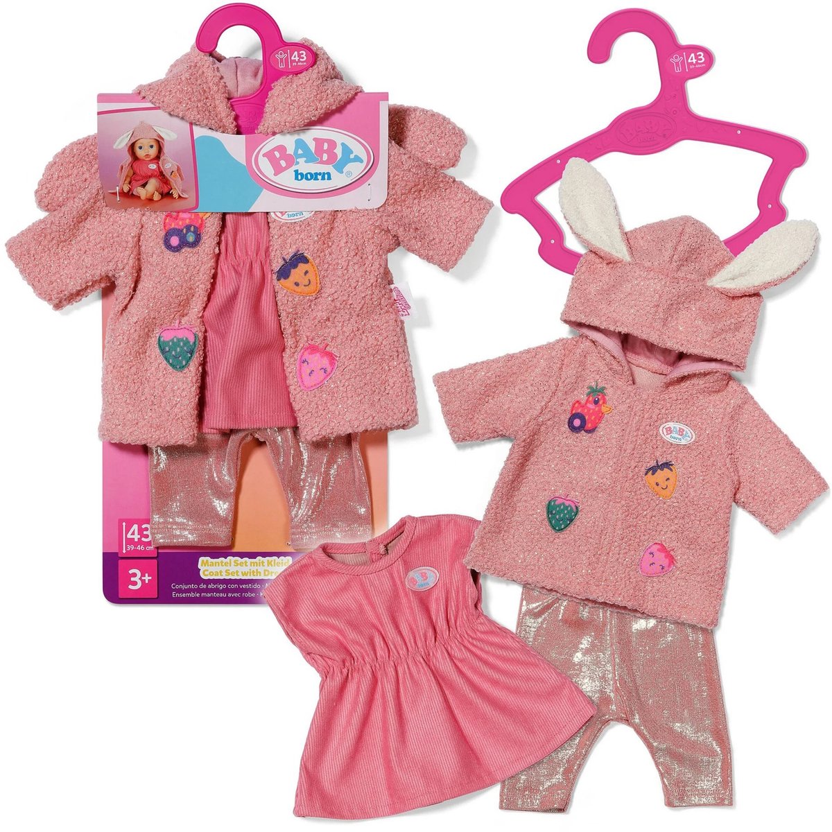 Baby born poppenkleding jas-set met jurk 43cm roze outfit.