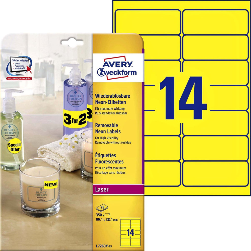 Avery neon etiketten, neon geel, 99,1 x 38,1 mm, afneembaar