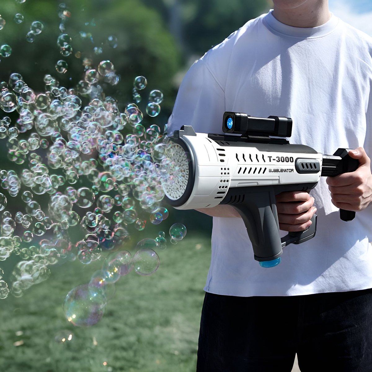 Mikamax bellenblaaspistool - bubblenator t-3000 – bubble gun met 57 gaten – led licht usb – speelgoed voor buiten kinderfeestje
