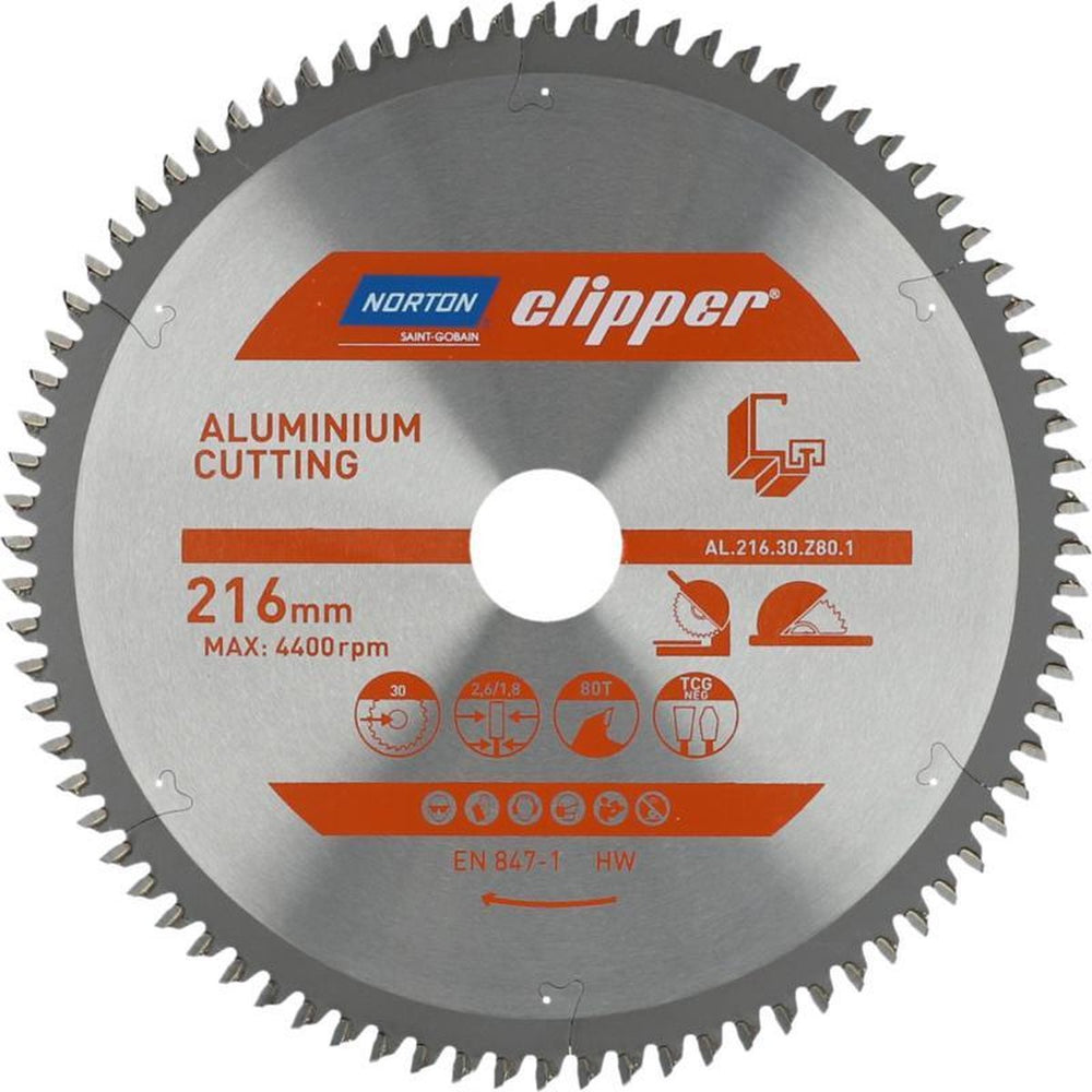 Norton serie - cirkelzaagblaad voor aluminium - 216mm - trapezium platte tanden - 80 tanden