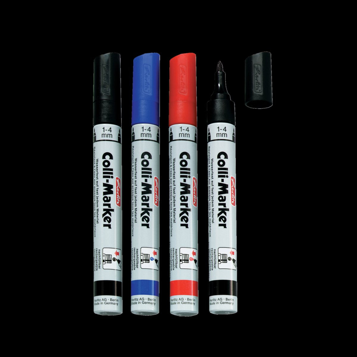 Herlitz permanent marker - zwart, blauw rood - 4 stuks