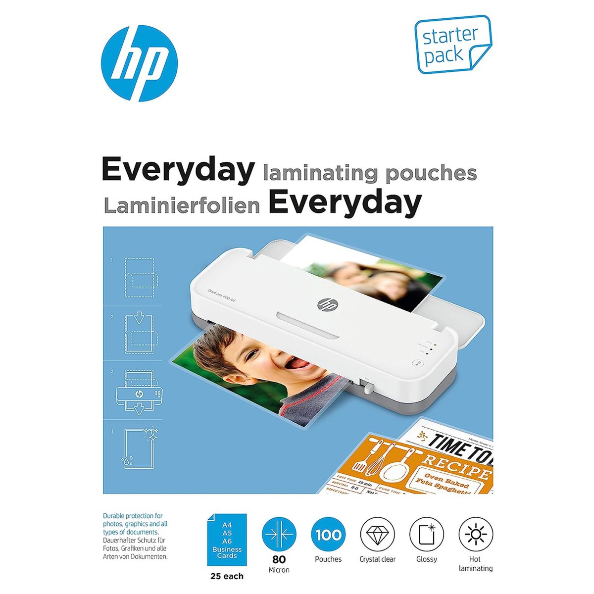 Hp 9158 everyday lamineerfolies starter set - lamineerhoezen voor warm lamineren - din a4, din a5, din a6, visitekaartjes - transparant - 80 micron - 100 stuks