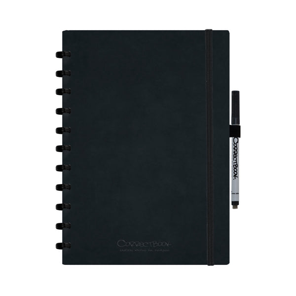 Correctbook a4 uitwisbaar notitieboek – ink black kunstleer hardcover – gelinieerd – herbruikbaar schrift – inclusief pen wisdoekje – aanvulbaar met extra pagina’s