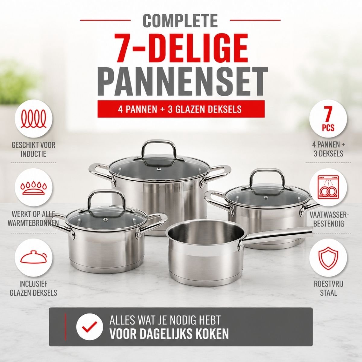 Alpina inductie pannenset 4‑delig – rvs kookpotten met glazen deksel – kookpottenset geschikt voor alle warmtebronnen – kookpotten set - potten en pannen set