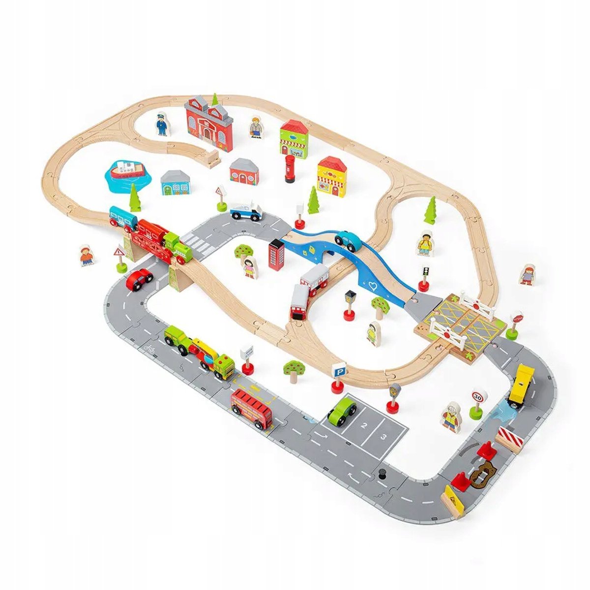 Bigjigs wooden train and road set, 105 pieces