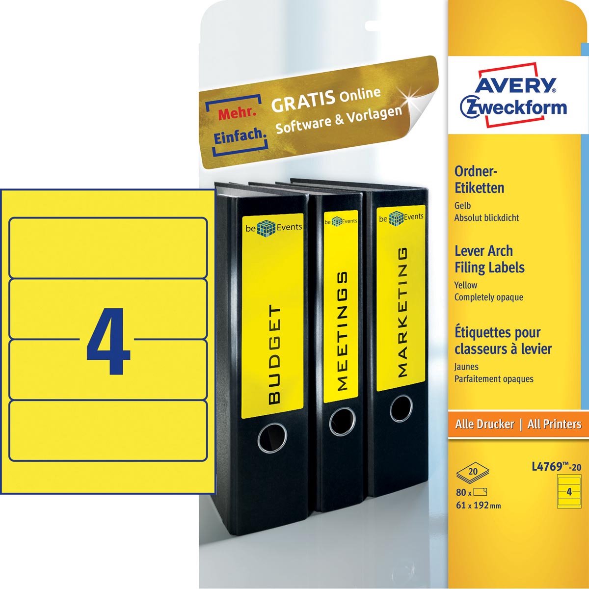 Ordneretiketten avery l4767-20 mat geel