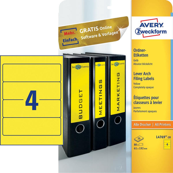 Avery ordnerrugetiketten 192 x 61 mm geel 80 stuks