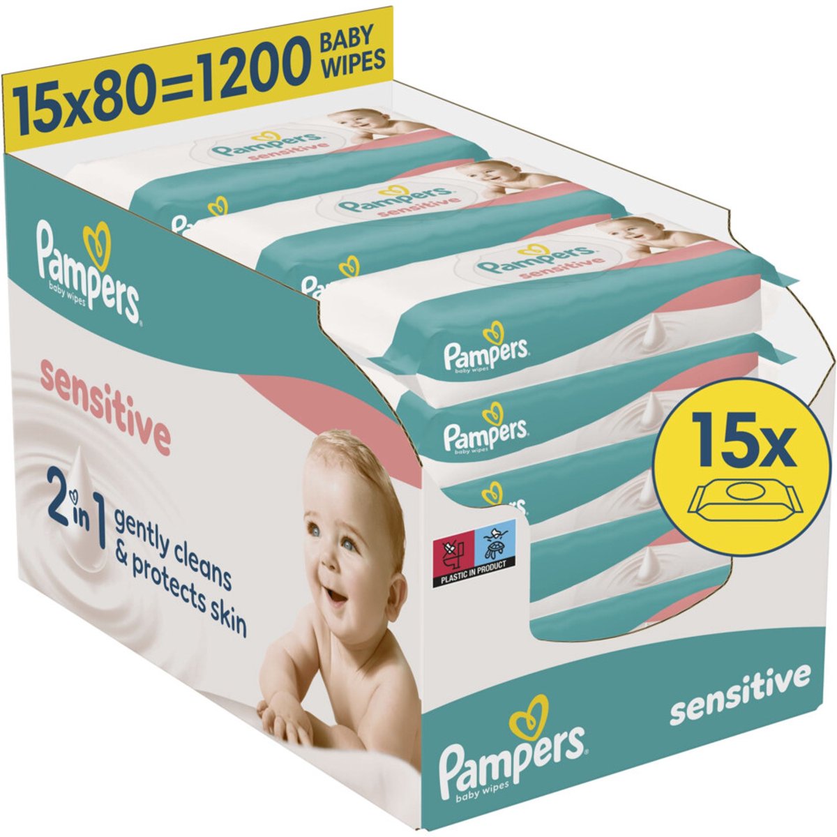 Pampers sensitive - billendoekjes - zonder parfum - voor een zachte en milde reiniging - 15 verpakkingen van 80 doekjes = 1200 doekjes